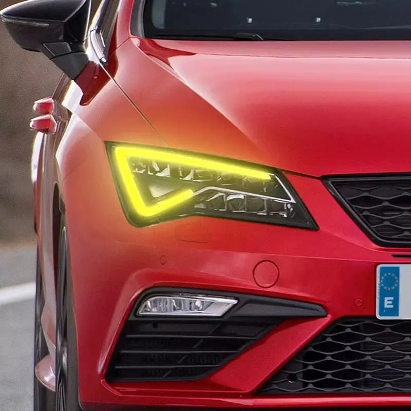 A piros seat leon sárga led nappali menetfény modul minden egyéb márkához volkswagen tesla audi cupra mini ford mercedes carbon fiber kipufogó rendszerhez