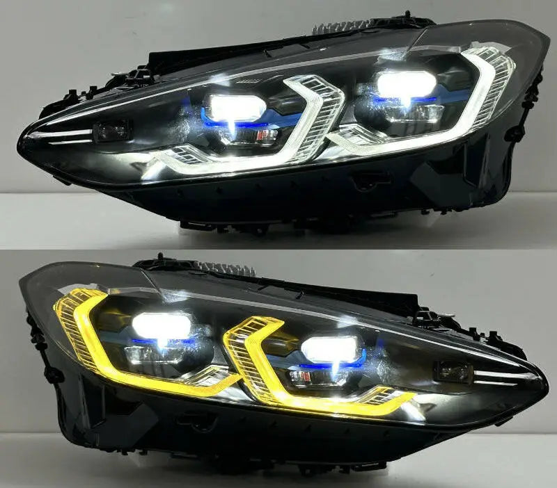 Fekete bmw g80 g81 m3 és g82 g83 m4 első fényszóró pár led nappali fénycsíkkal és sárga részlettel, carbon fiber kipufogó rendszerhez