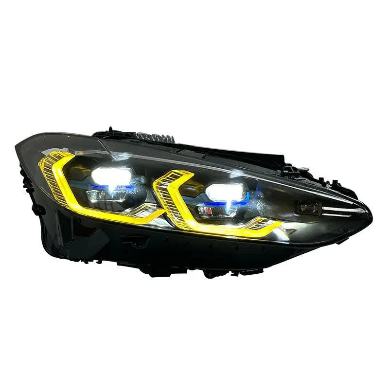 Fekete led első fényszóró sárga akcent világítással és kék megvilágítással bmw m3 kipufogó rendszerhez karbon szálas kivitelben