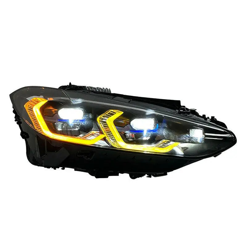 Fekete led első fényszóró bmw g80 m3 g82 m4 modellekhez sárga élvilágítással és fehér főfénnyel carbon fiber kipufogó rendszerhez