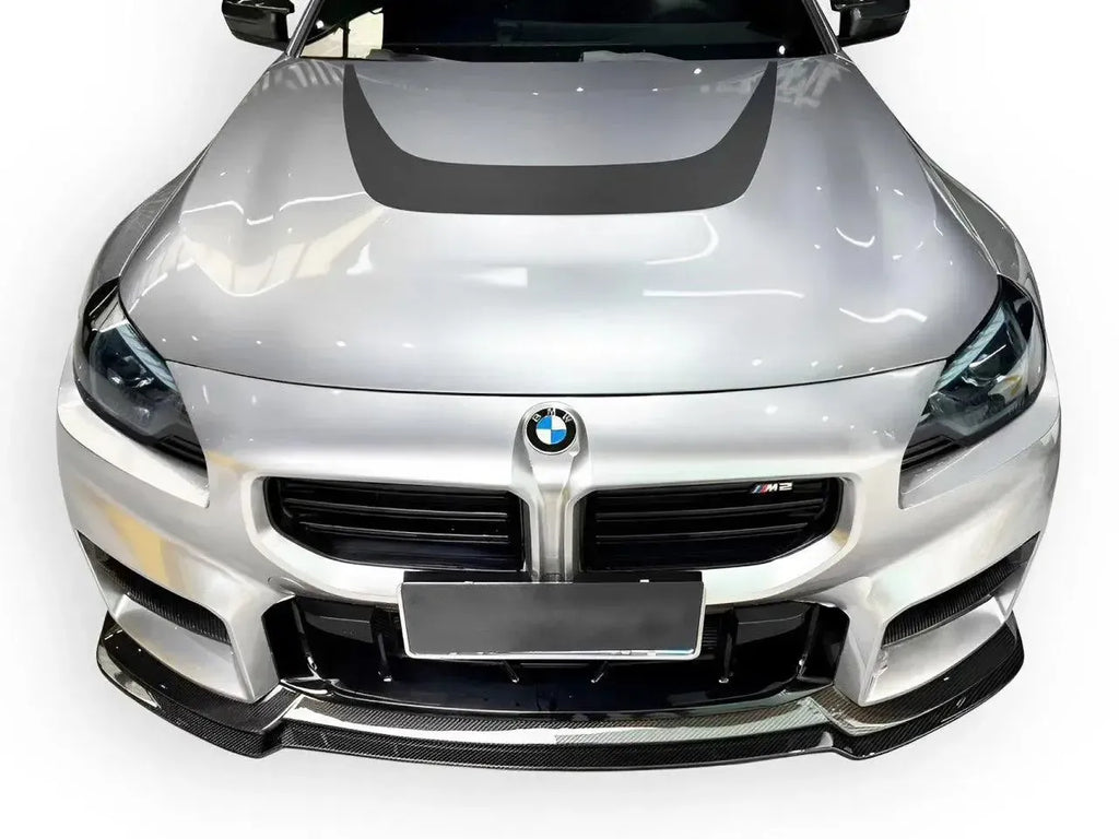 Silver BMW G87 M2 with adjustable carbon fiber front lip (AN Adjustable Style)