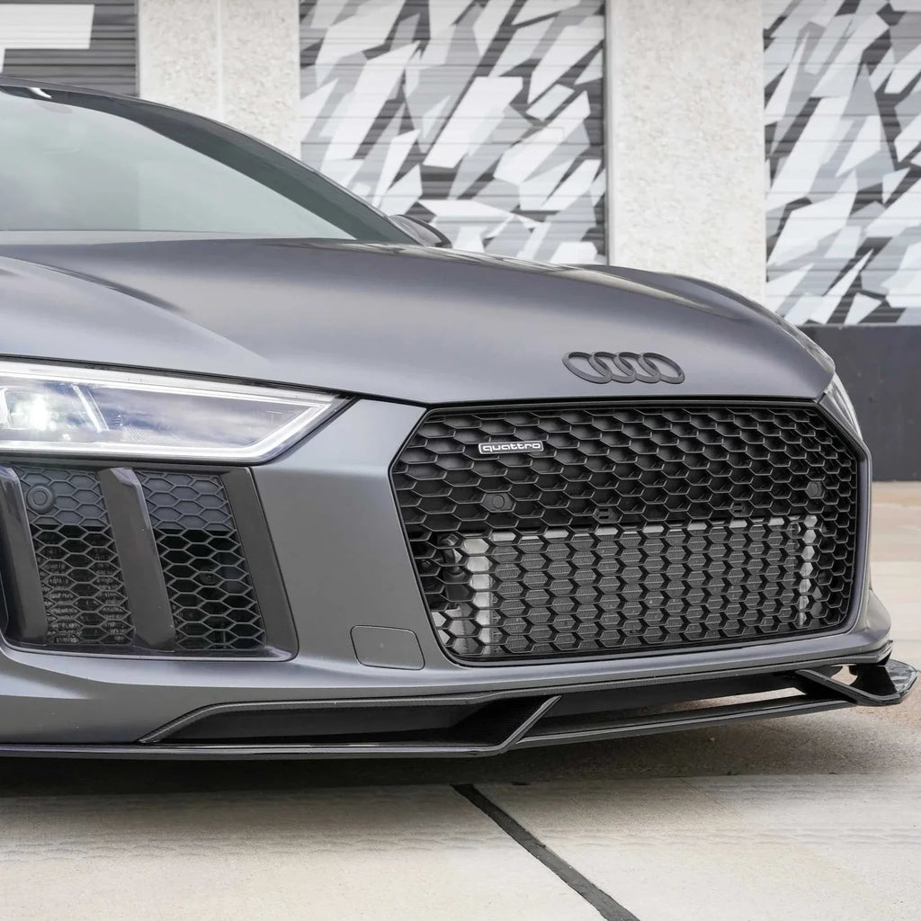 Gray Audi R8 4S front close-up with fitted 3-piece carbon front lip (Euro V1 Style)