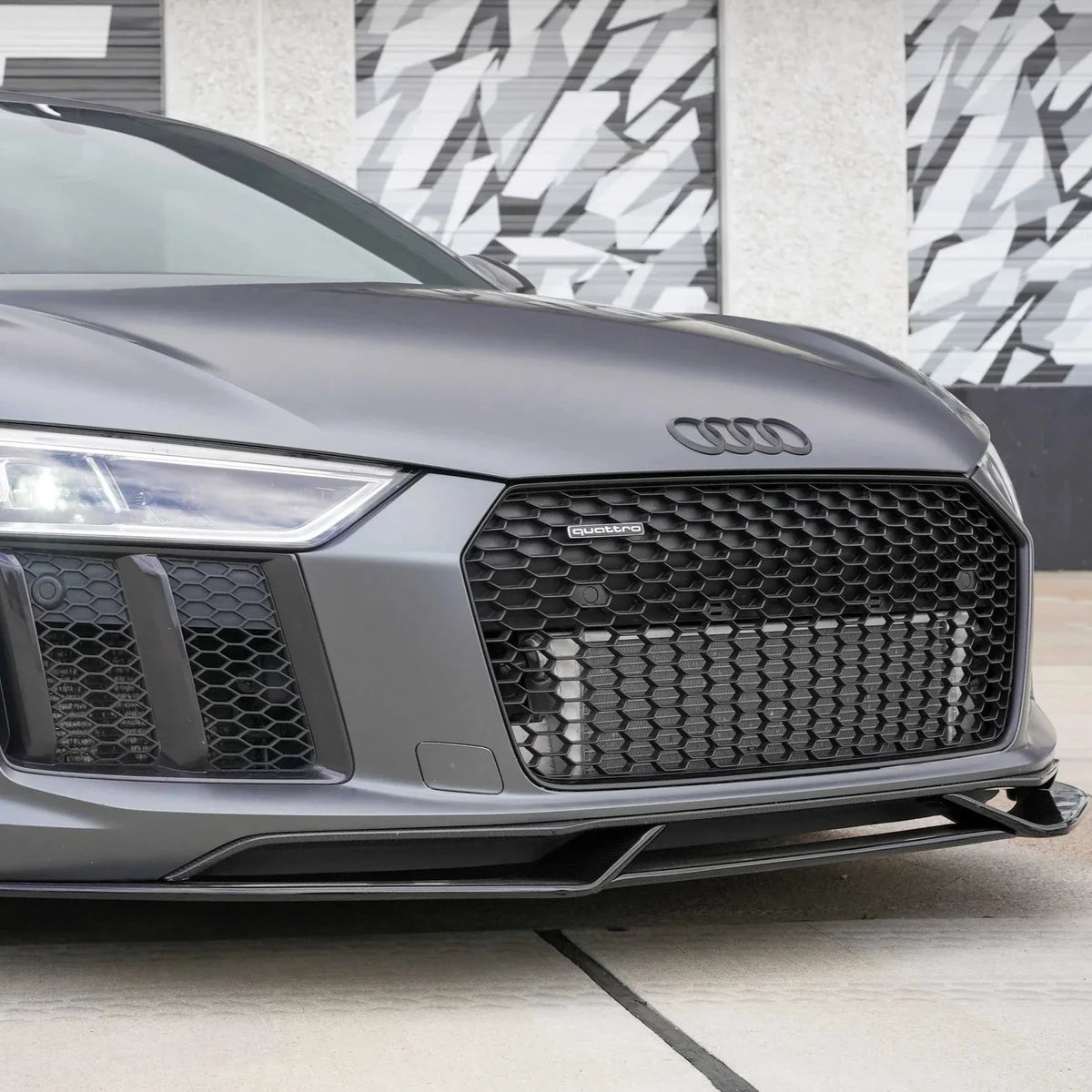 Gray Audi R8 4S front close-up with fitted 3-piece carbon front lip (Euro V1 Style)