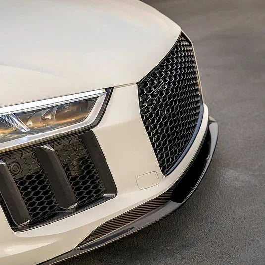 White Audi R8 4S front corner close-up with fitted carbon fiber front lip (VRS Style)