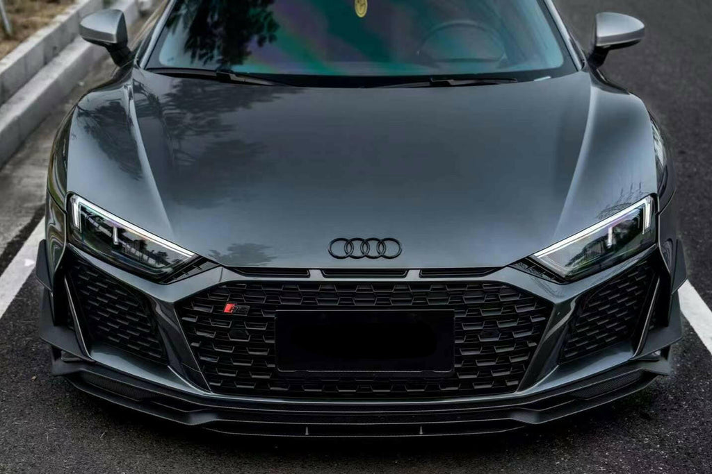 Gray Audi R8 4S Facelift Coupé head-on, with fitted carbon front lip and side winglets (MT Style)