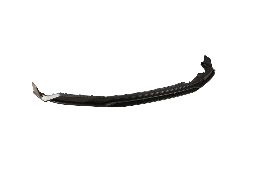 Main piece of the matte carbon front lip at an angle, shot from one end (MT Style) – Audi R8 4S Facelift