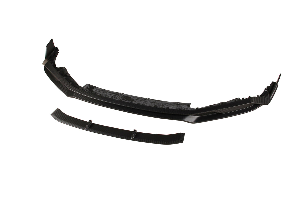 2-piece matte carbon front lip: main piece and finned center splitter panel (MT Style) – Audi R8 4S Facelift