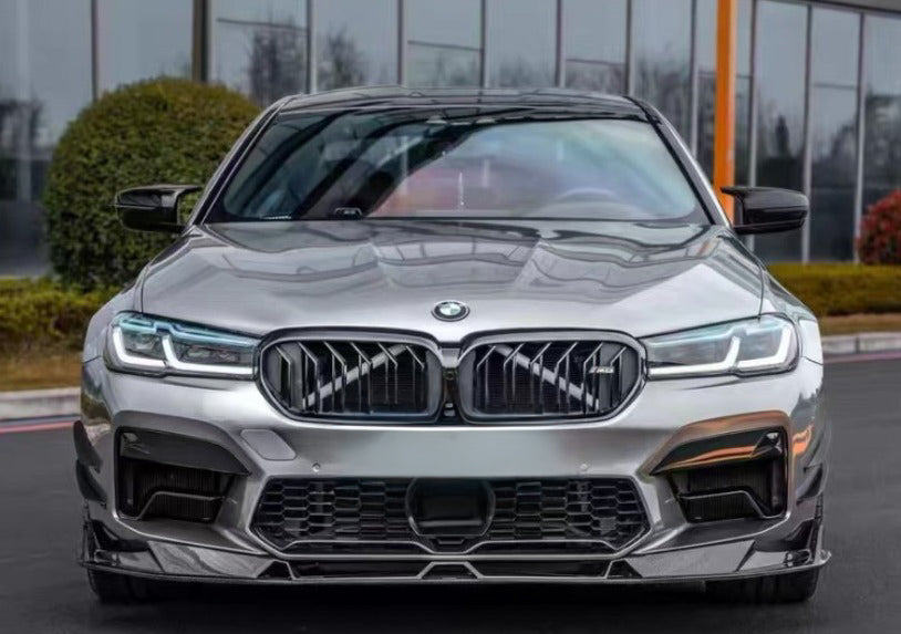 Silver BMW F90 M5 LCI front view, with fitted multi-piece carbon front lip (Track Style)
