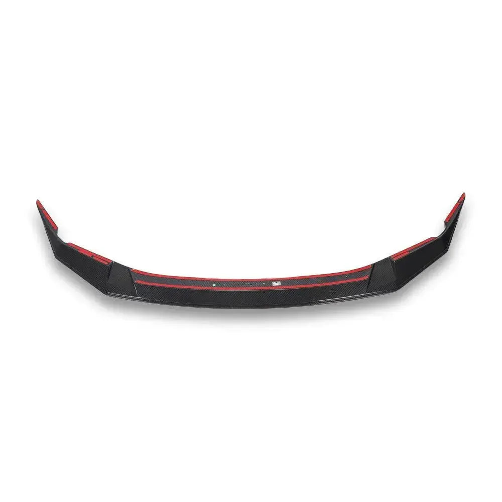 One-piece carbon front lip, front view, with red adhesive tape (V Style) – BMW F90 M5