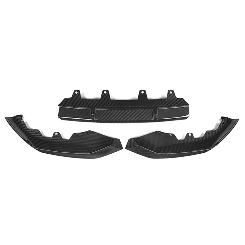 3 separate pieces of the carbon front splitter on a white background (Endcap Style) – BMW G30 5 Series