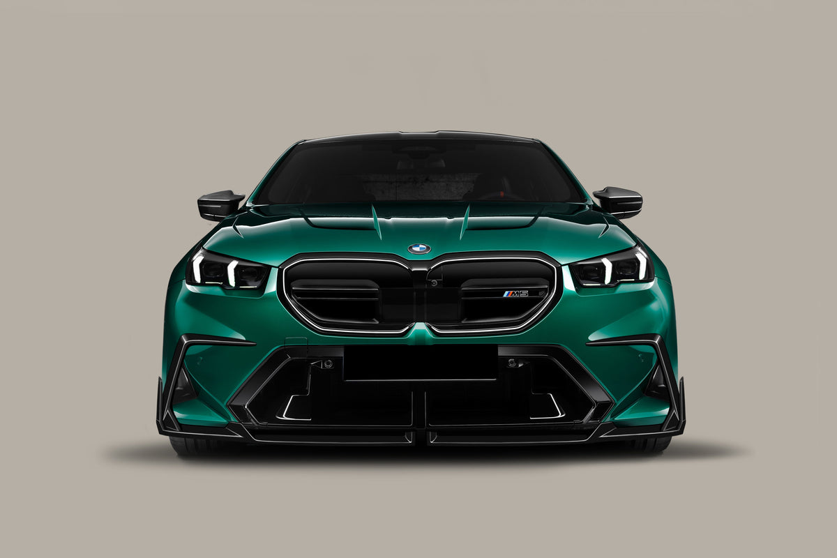 Green BMW G90 M5 head-on, with carbon fiber front lip, digital render (AD Style)