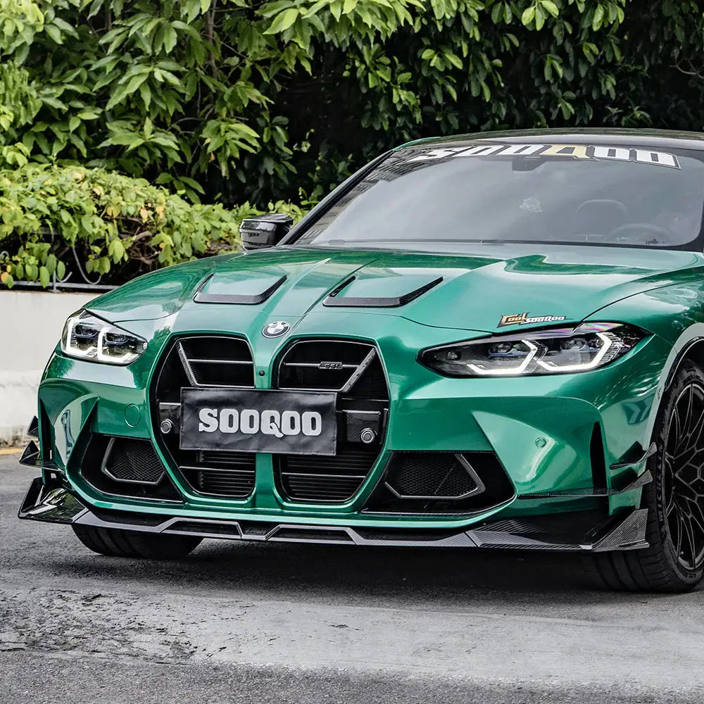 Vibráló zöld bmw m3 első lökhárító vesével carbon fiber anyagból black carbon fiber részletekkel és egyedi sooqoo kipufogó rendszerrel