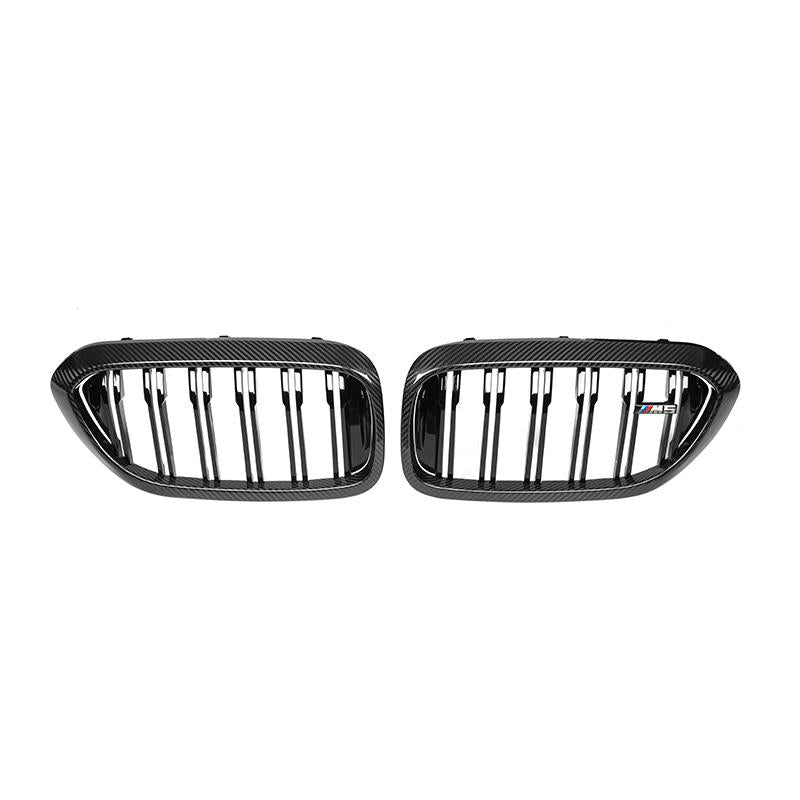 Pre-LCI double-slat carbon kidney grille pair, front view, on a white background – BMW F90 M5 and G30 5 Series