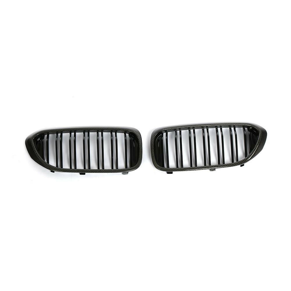Two separate pre-LCI carbon kidney grilles with gloss black double slats, from the front – BMW F90 M5 and G30 5 Series