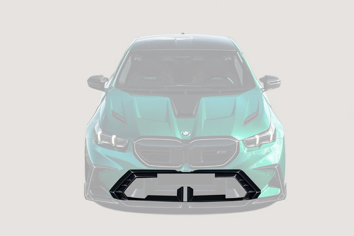 Faded render of the front of a green BMW G90 M5, with the lower front grille highlighted (AD Style)