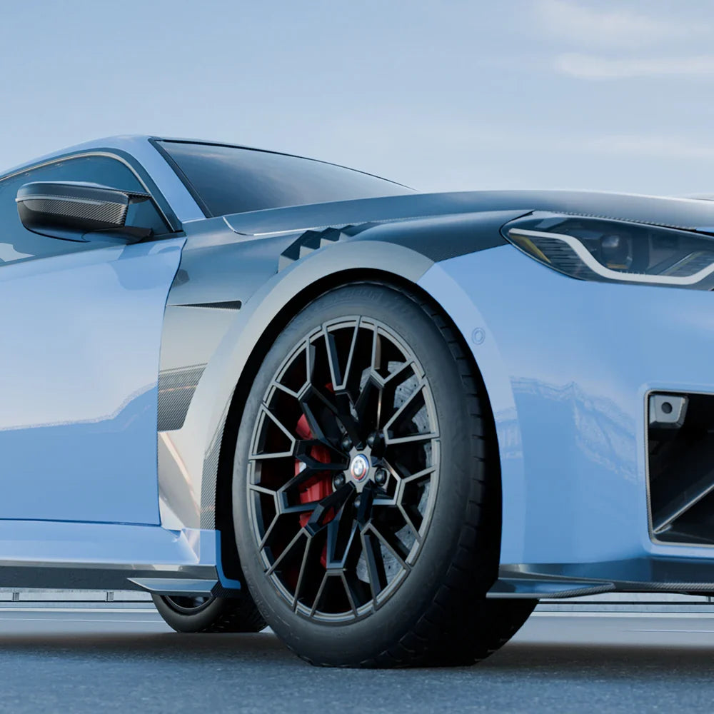Világoskék BMW G87 M2 szellőzős carbon fiber első sárvédőívvel (SQ Style)