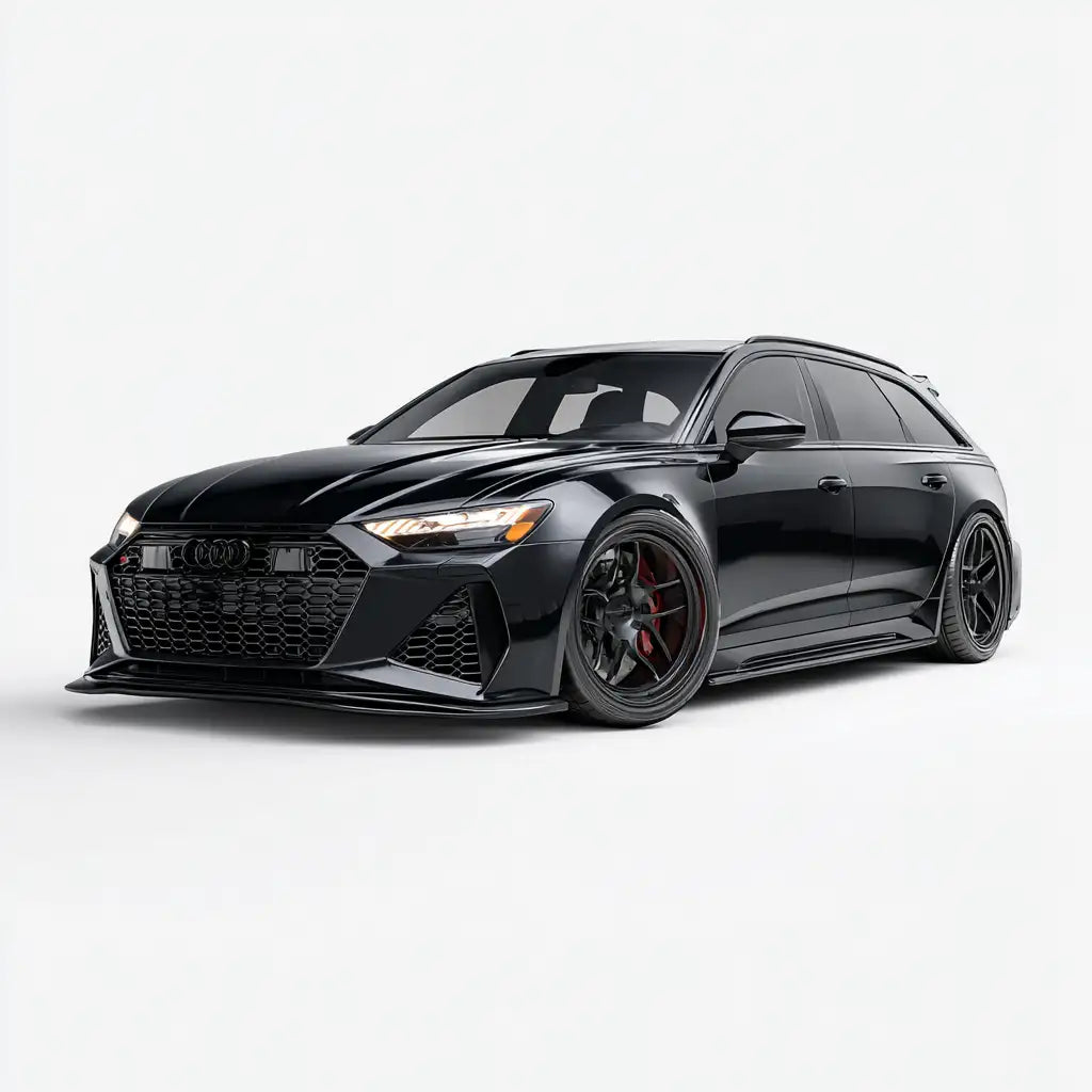 Fekete Audi RS6 Avant fényes kivitelben és sportos dizájnnal, agresszív első hűtőrácsot tartalmazva, piros féknyergekkel, amelyek láthatóak az alumínium keréktárcsákon keresztül.