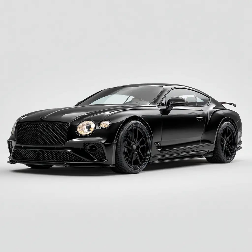 Fekete Bentley Continental GT fényes fényezéssel és fekete alumínium keréktárcsákkal.
