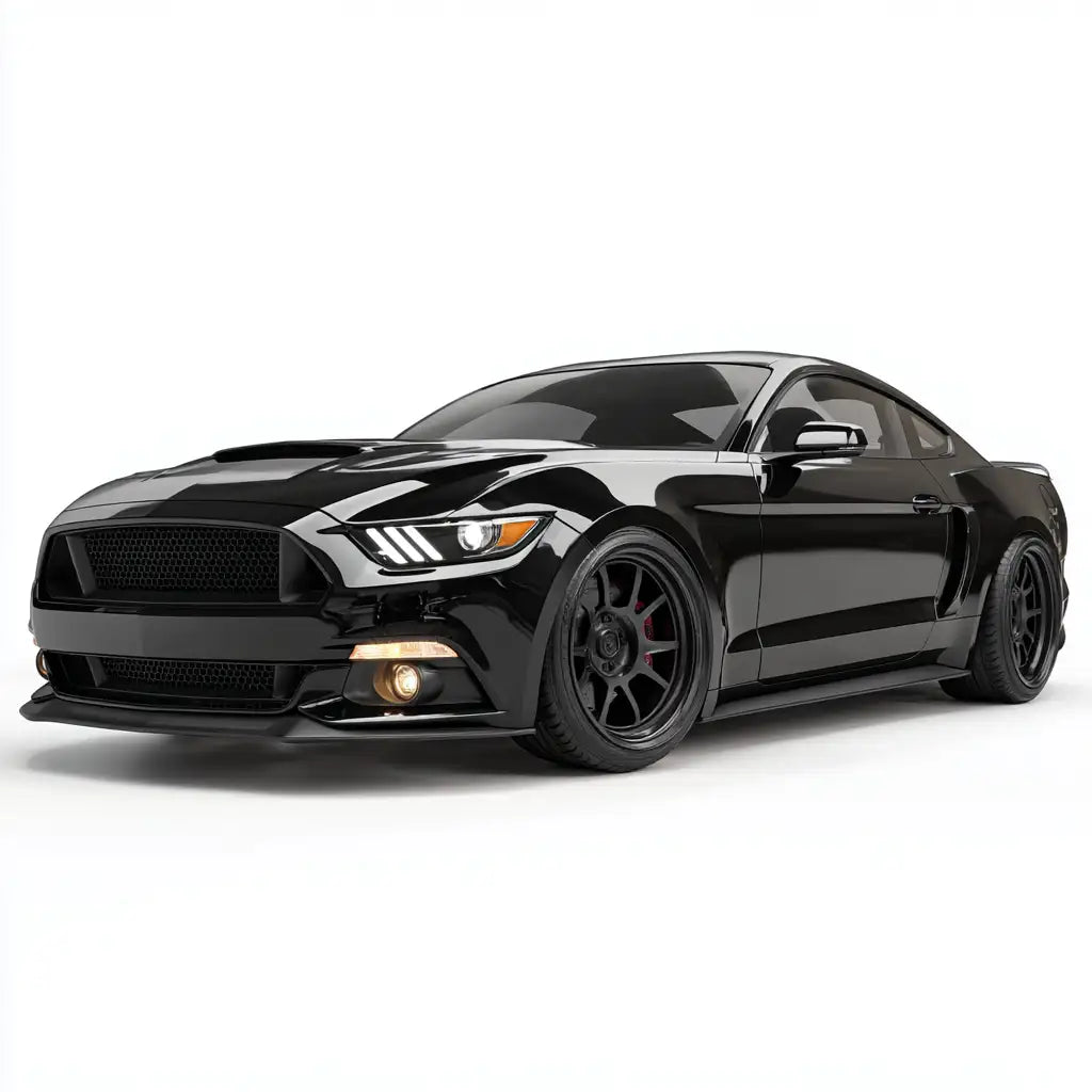 Fekete fényes Ford Mustang elegáns aerodinamikus vonalakkal és egyedi fekete alumínium keréktárcsákkal.