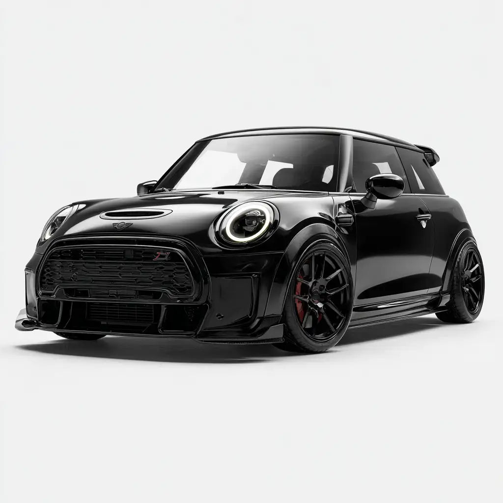Fekete fényes Mini Cooper John Cooper Works piros féknyergekkel és fekete alumínium felnikkel.