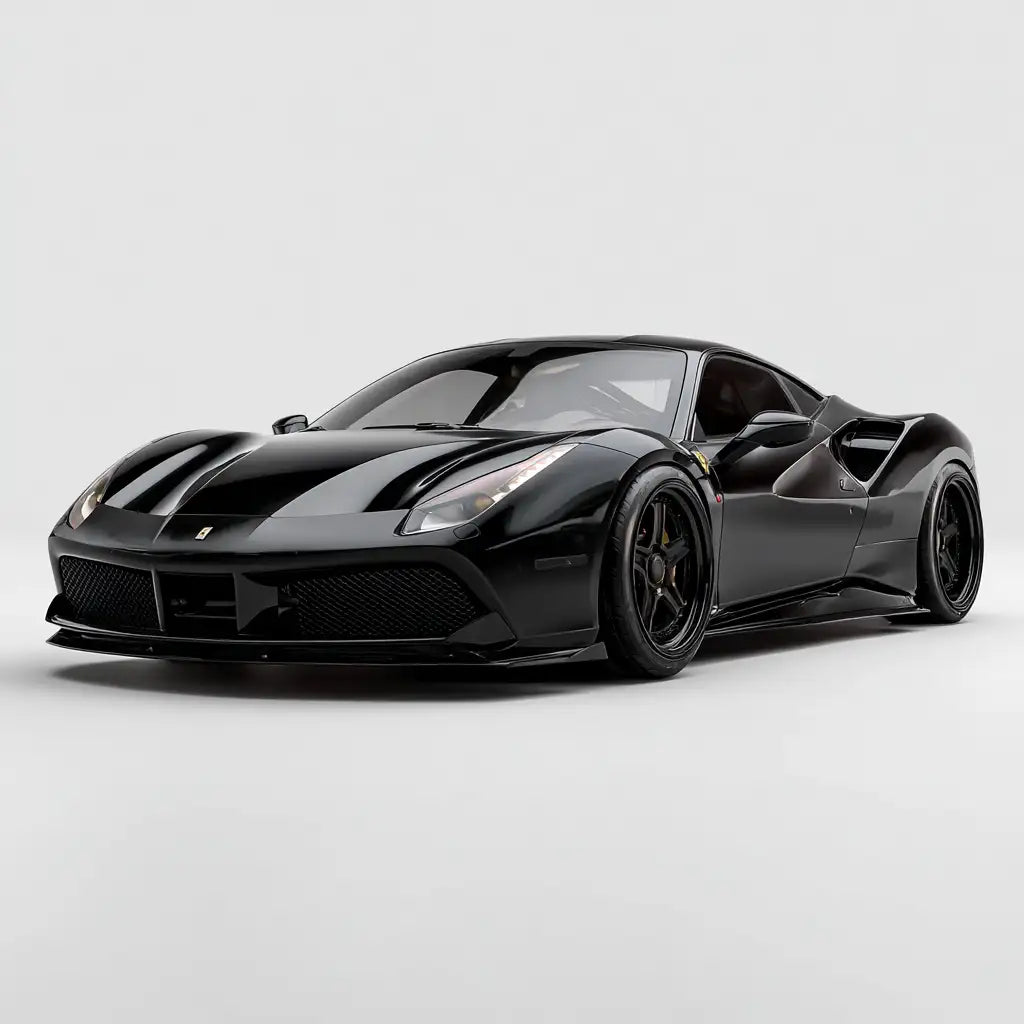 Fekete Ferrari 488 GTB sportautó fényes felülettel és karcsú aerodinamikus dizájnnal.