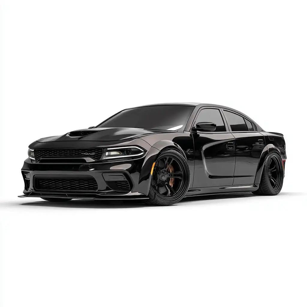 Fekete matt fényezésű Dodge Charger SRT Hellcat agresszív aerodinamikai testkittel és egyedi fekete alumínium keréktárcsákkal.
