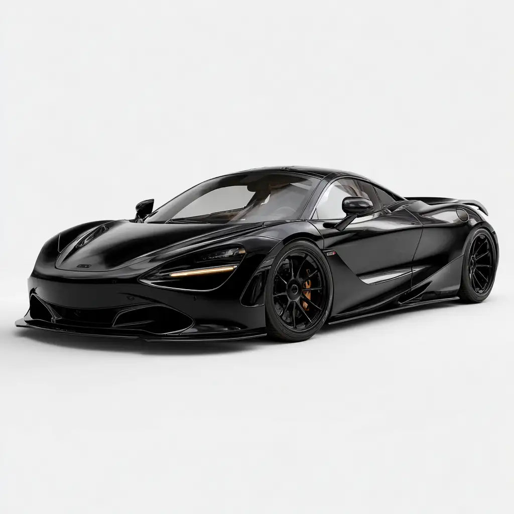 Fekete McLaren 720S sportautó áramvonalas aerodinamikai kialakítással és fényes felülettel.
