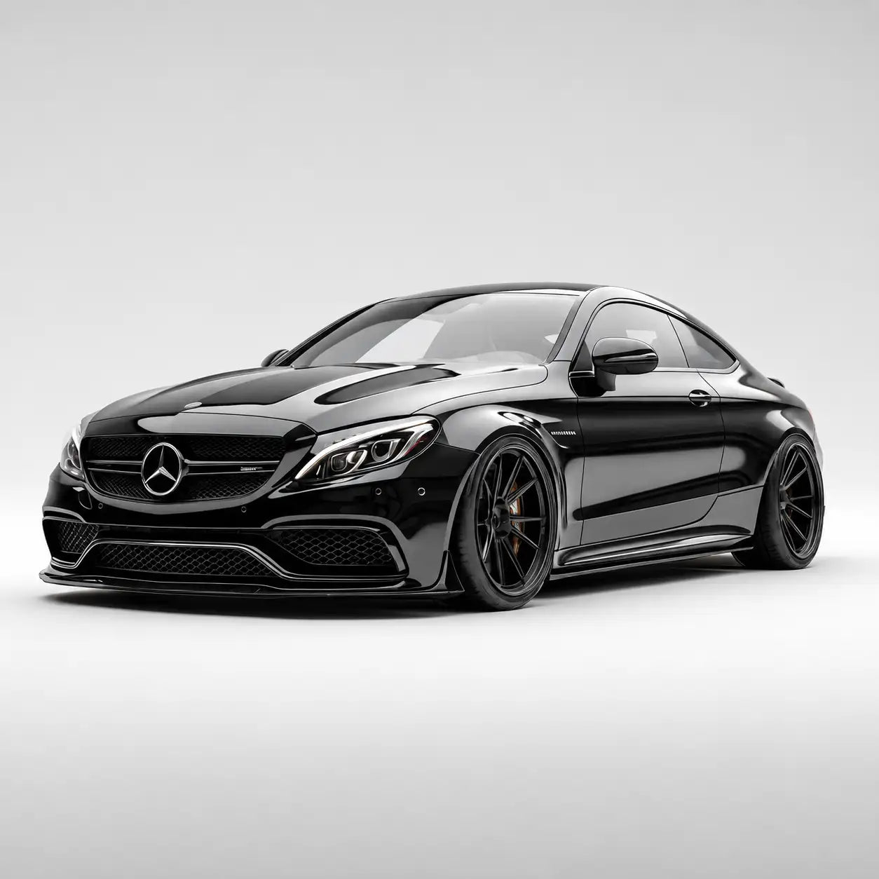 Fekete Mercedes-AMG C63 kupé fényes kivitelben és sportos dizájnnal.