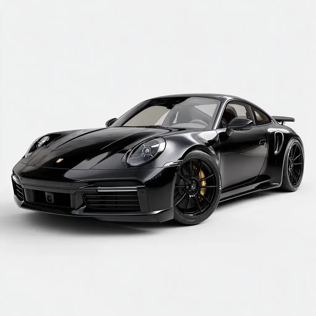 Fekete Porsche 911 Turbo S fényes fényezéssel és fekete alumínium keréktárcsákkal.