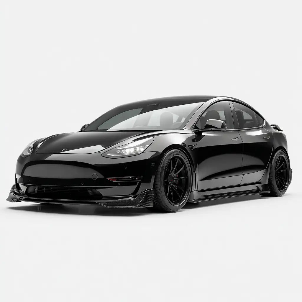 Fekete Tesla Model 3 fényes, csillogó fényezéssel és szénszálas díszítésekkel.