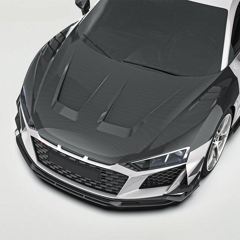 Fehér Audi R8 4S Facelift elölről, felülről, felszerelt carbon géptetővel – 3D render (Paktechz Style)