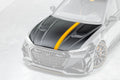 Black Audi RS6 Avant C8 from above, front three-quarter, highlighting the vented carbon hood (MSY Style)