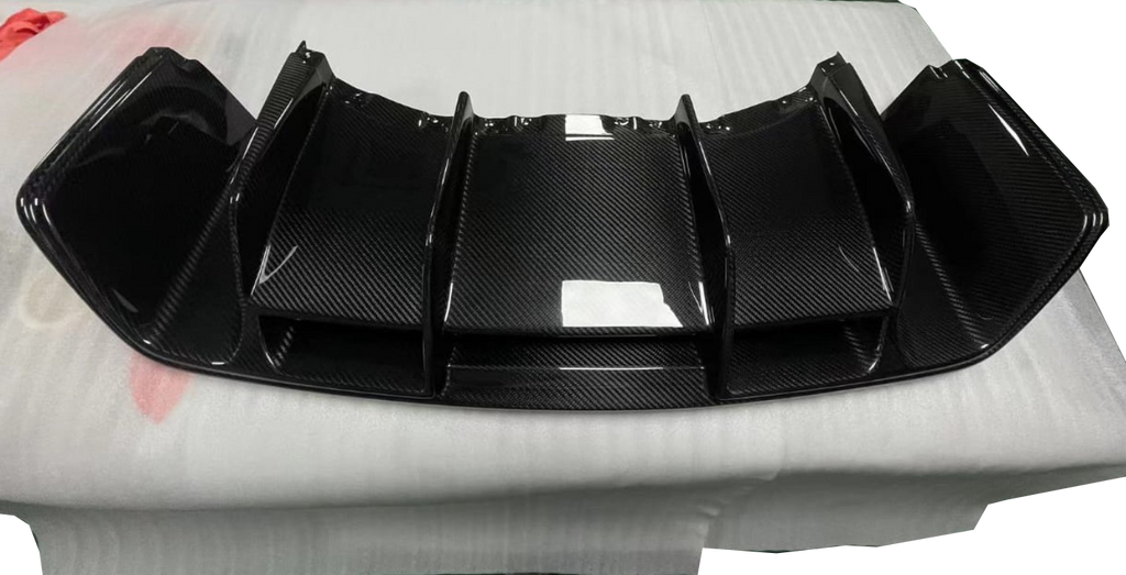 Carbon rear diffuser with 4 tall fins on a foam sheet, from above (Performance Style) – Audi R8 4S (2015–2018)