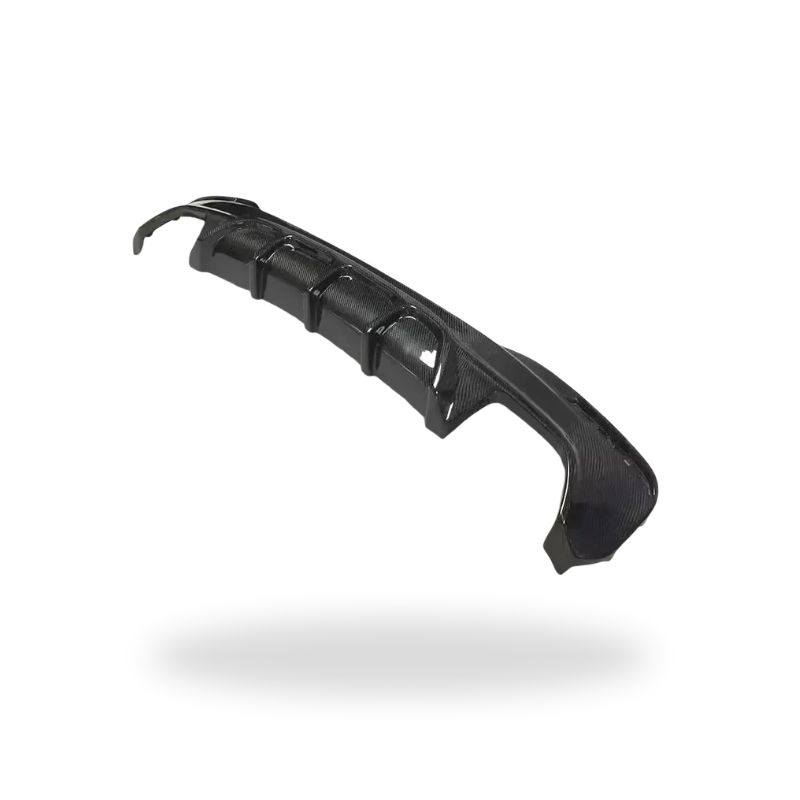 Carbon fiber rear diffuser with four tall fins, rear three-quarter top view (FD Style) – BMW G30 5 Series