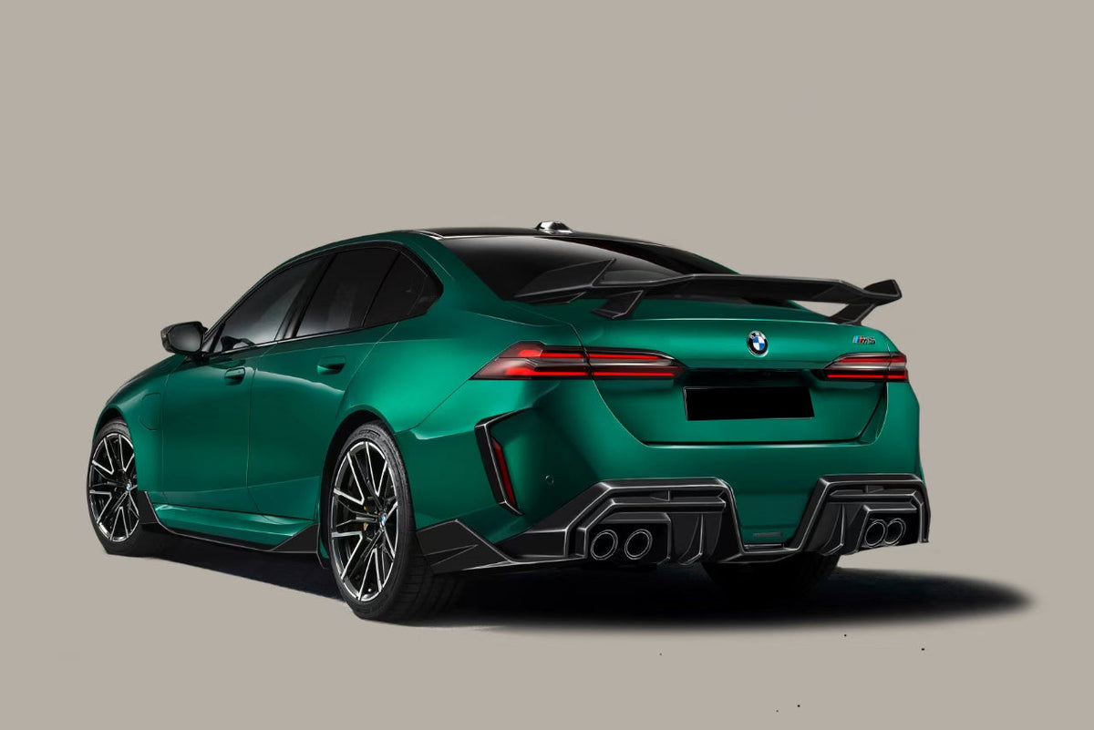 Green BMW G90 M5 left rear view with carbon rear wing (AD Style), render