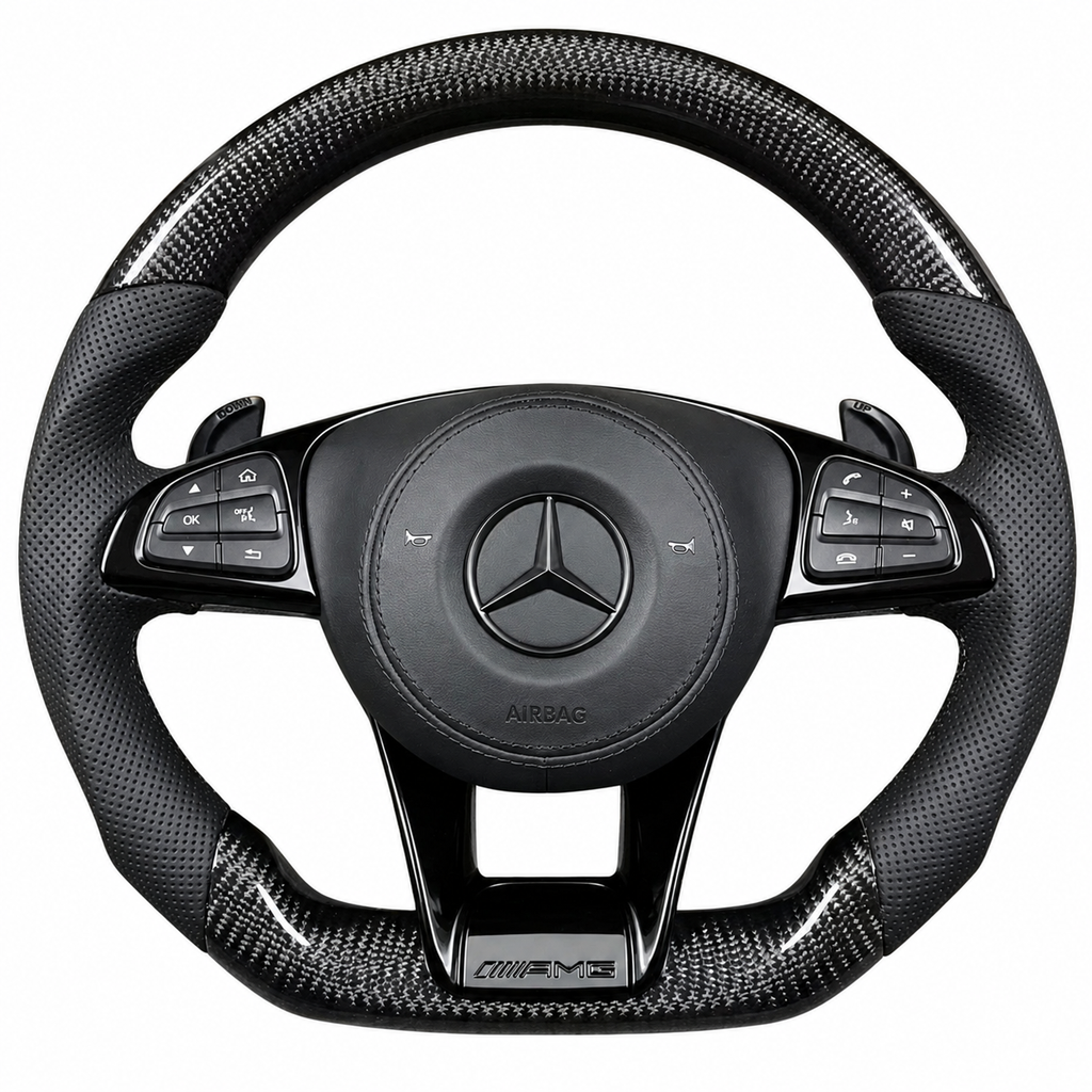 2017 AMG Style carbon steering wheel with black perforated leather grips and flat bottom – Mercedes-AMG C63 W205 / C205
