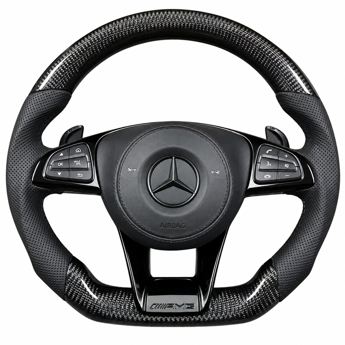 2017 AMG Style carbon kormány fekete perforált bőr markolattal, lapos aljjal – Mercedes-AMG C63 W205 / C205