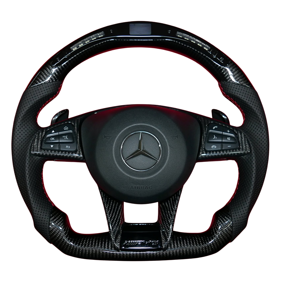 2017 AMG Style carbon kormány LED-es felső csíkkal és piros varrással – Mercedes-AMG C63 W205 / C205