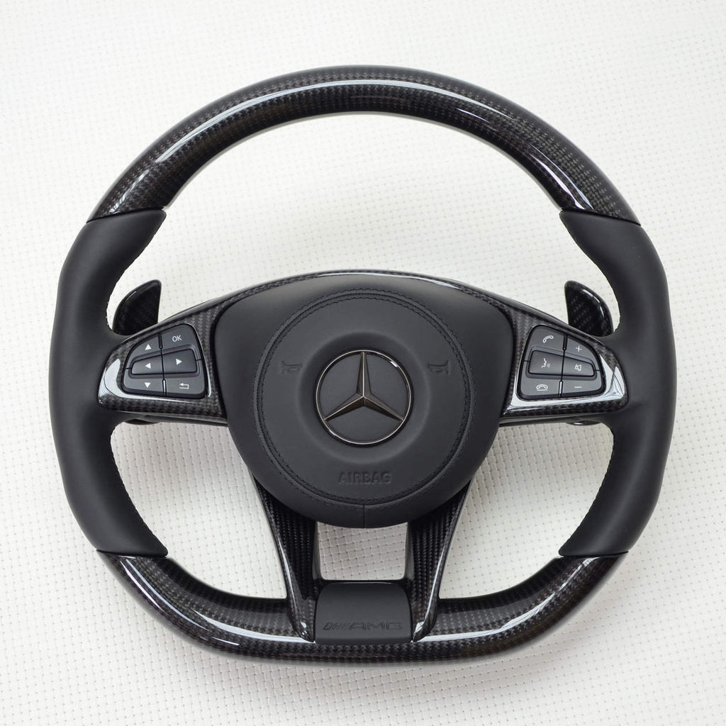 2017 AMG Style steering wheel with gloss carbon top and bottom sections, black leather – Mercedes-AMG C63 W205 / C205