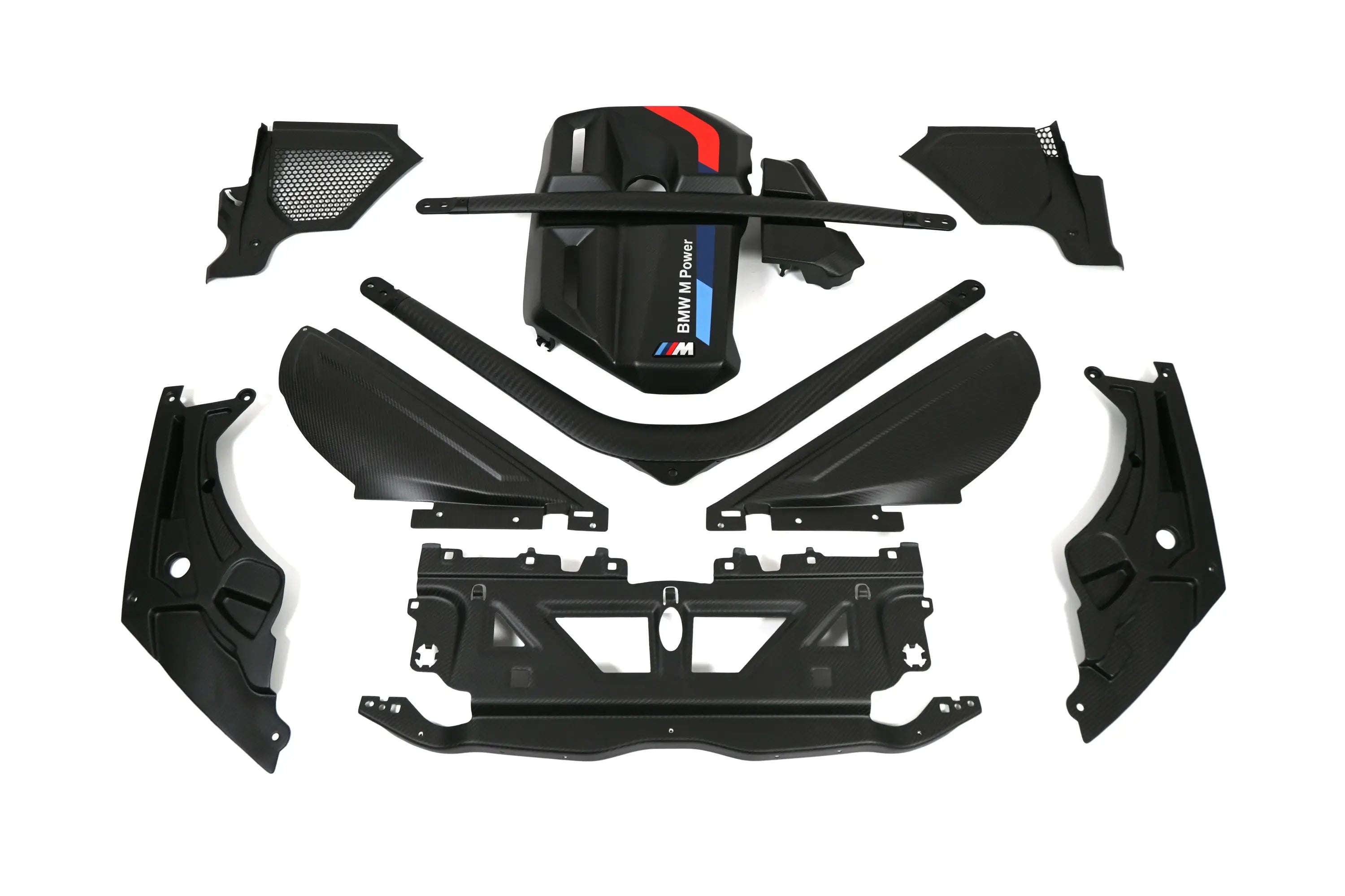 Black bmw m3 m power underbody kit piros és kék carbon fiber burkolattal a kipufogó rendszer részére