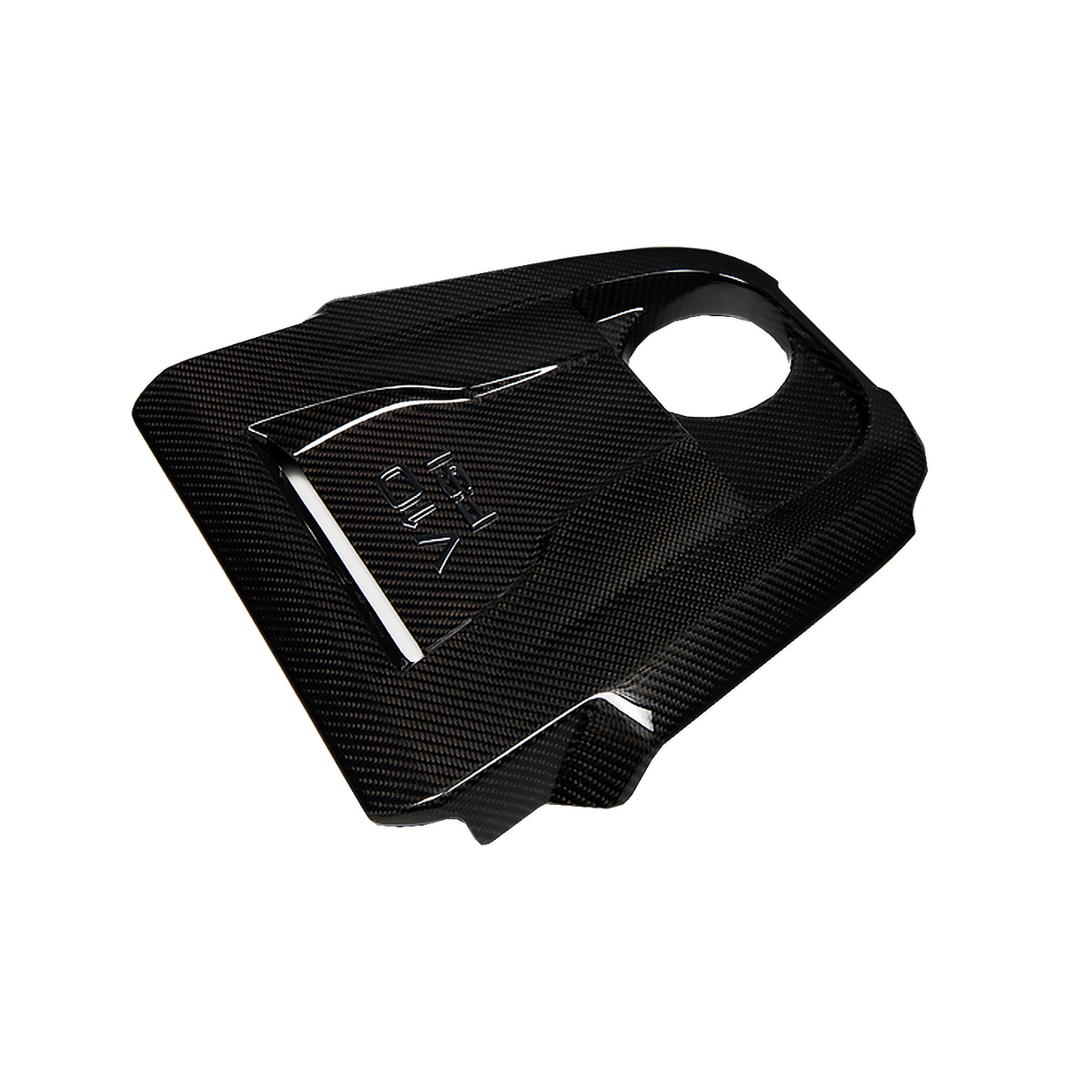 Carbon motortér középső burkolat dombornyomott V10 felirattal, 3/4-es nézet – Audi R8 4S (2015–2018)