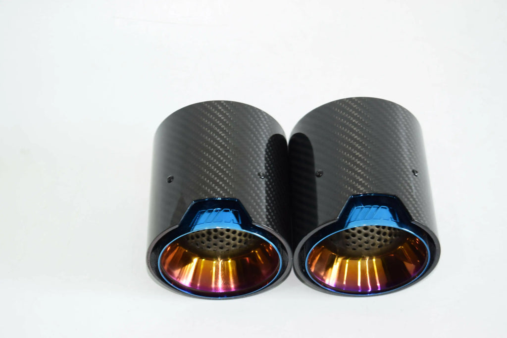 Carbon fiber mp style bmw m3 kipufogóvégek szivárványos belső résszel bmw m3, m4, m2 kipufogó rendszerhez