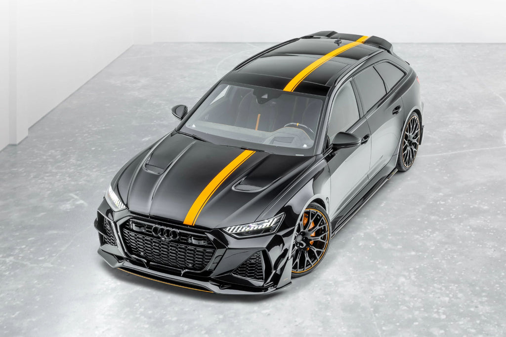 Black Audi RS6 Avant C8 fitted with full kit, from above and the front, with carbon lower skirt plate (MSY Style)