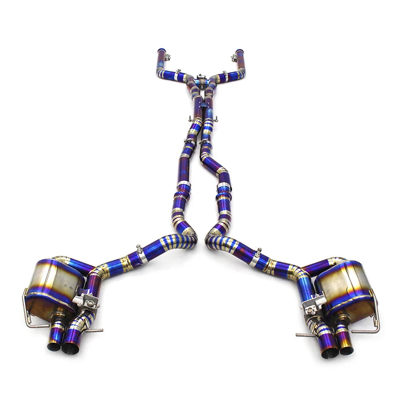 Valved titanium catback exhaust system in burnt blue, top view, with four tips – Mercedes-AMG C63 W205