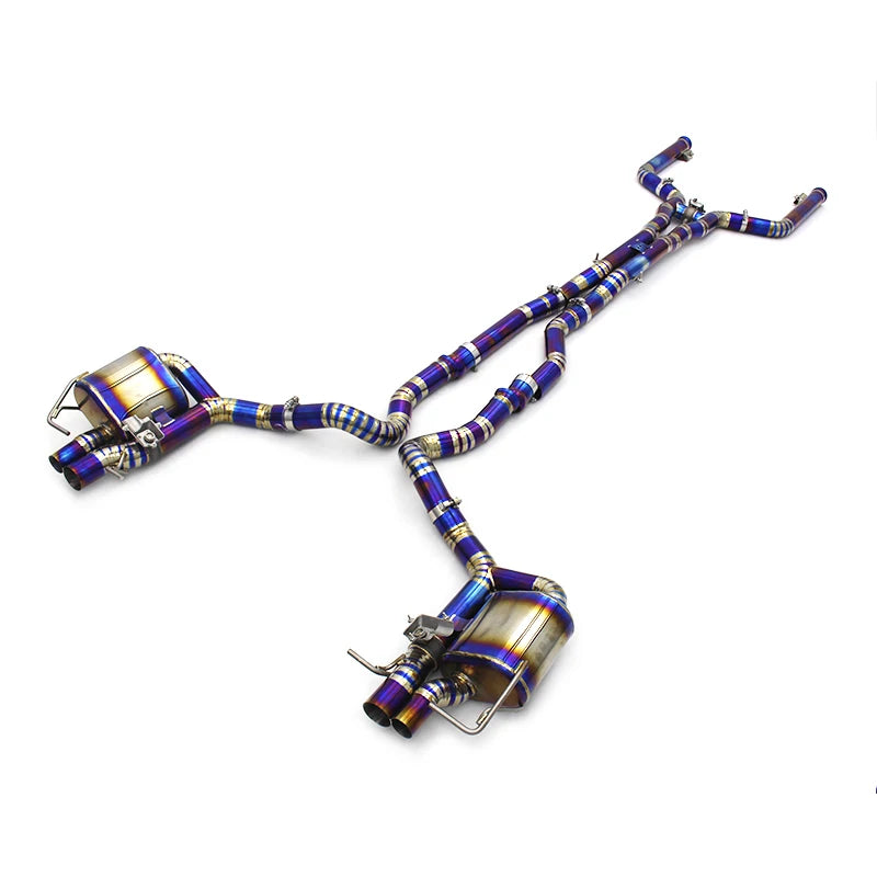 Blue burnt valved titanium catback exhaust system, high three-quarter view – Mercedes-AMG C63 W205