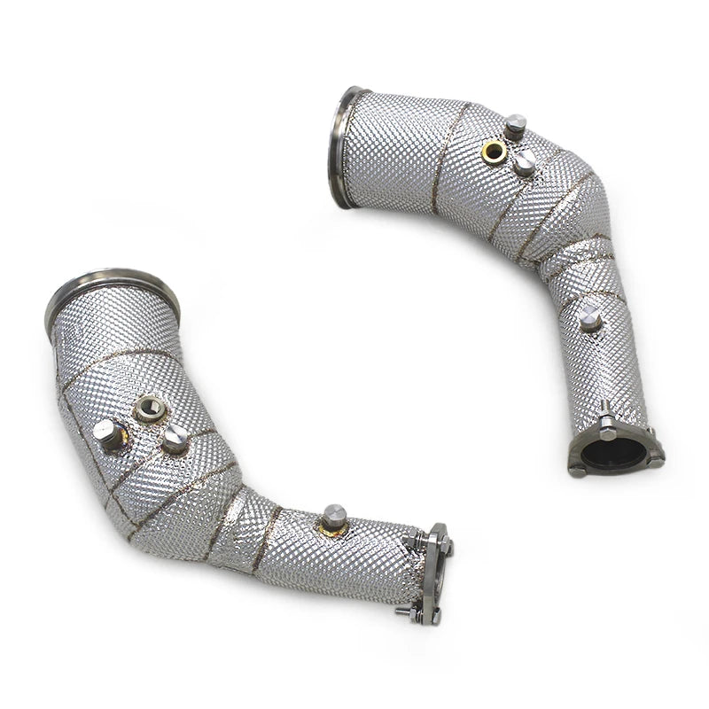 Katalizátor nélküli versenypályás downpipe pár rozsdamentes acélból, hővédő szövettel – Audi RS6 C8 / RS7 C8