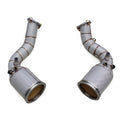400 cellás katalizátoros downpipe pár fonott hővédővel, egymás mellett elölről – Audi RS6 C8 / RS7 C8