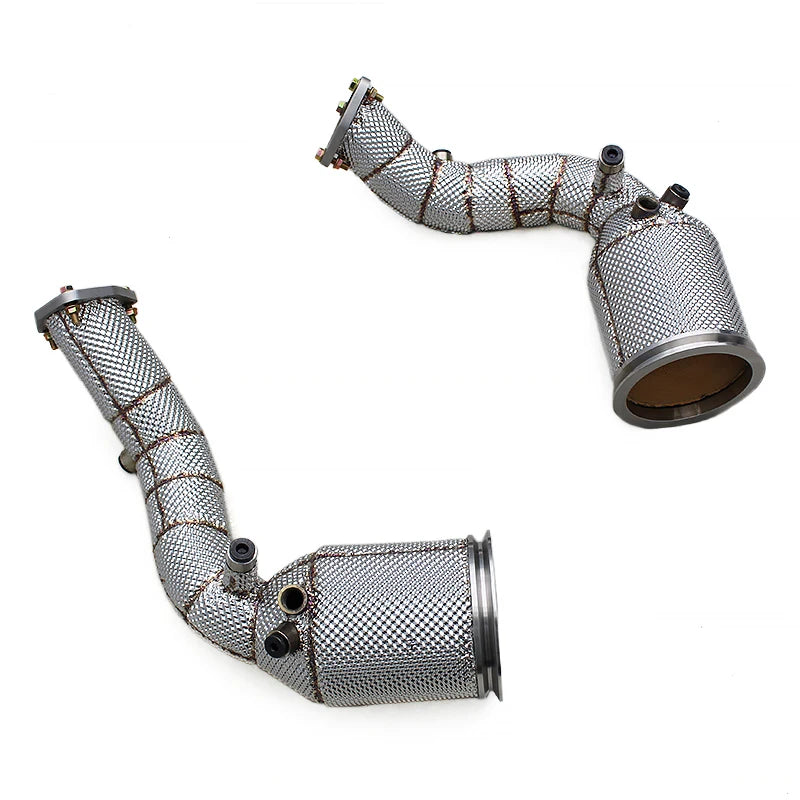 Rozsdamentes acél katalizátoros downpipe pár átlós elrendezésben – Audi RS6 C8 / RS7 C8