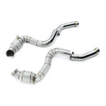 Pair of stainless downpipes with heat-shielded catalytic converter housings and polished pipes – Mercedes-AMG C63 W205