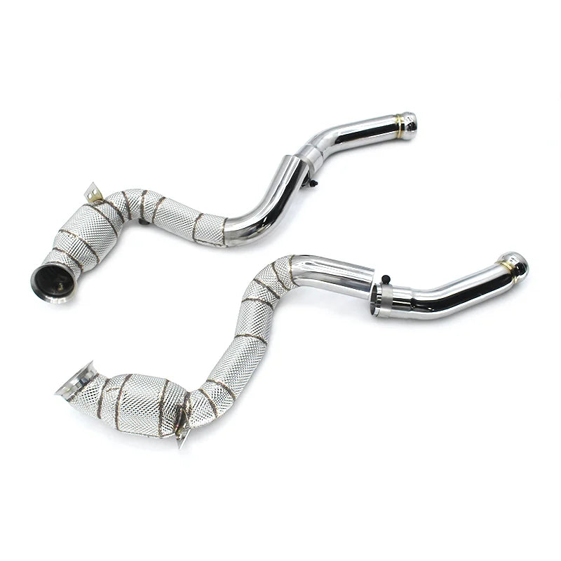 Pair of stainless downpipes with heat-shielded catalytic converter housings and polished pipes – Mercedes-AMG C63 W205
